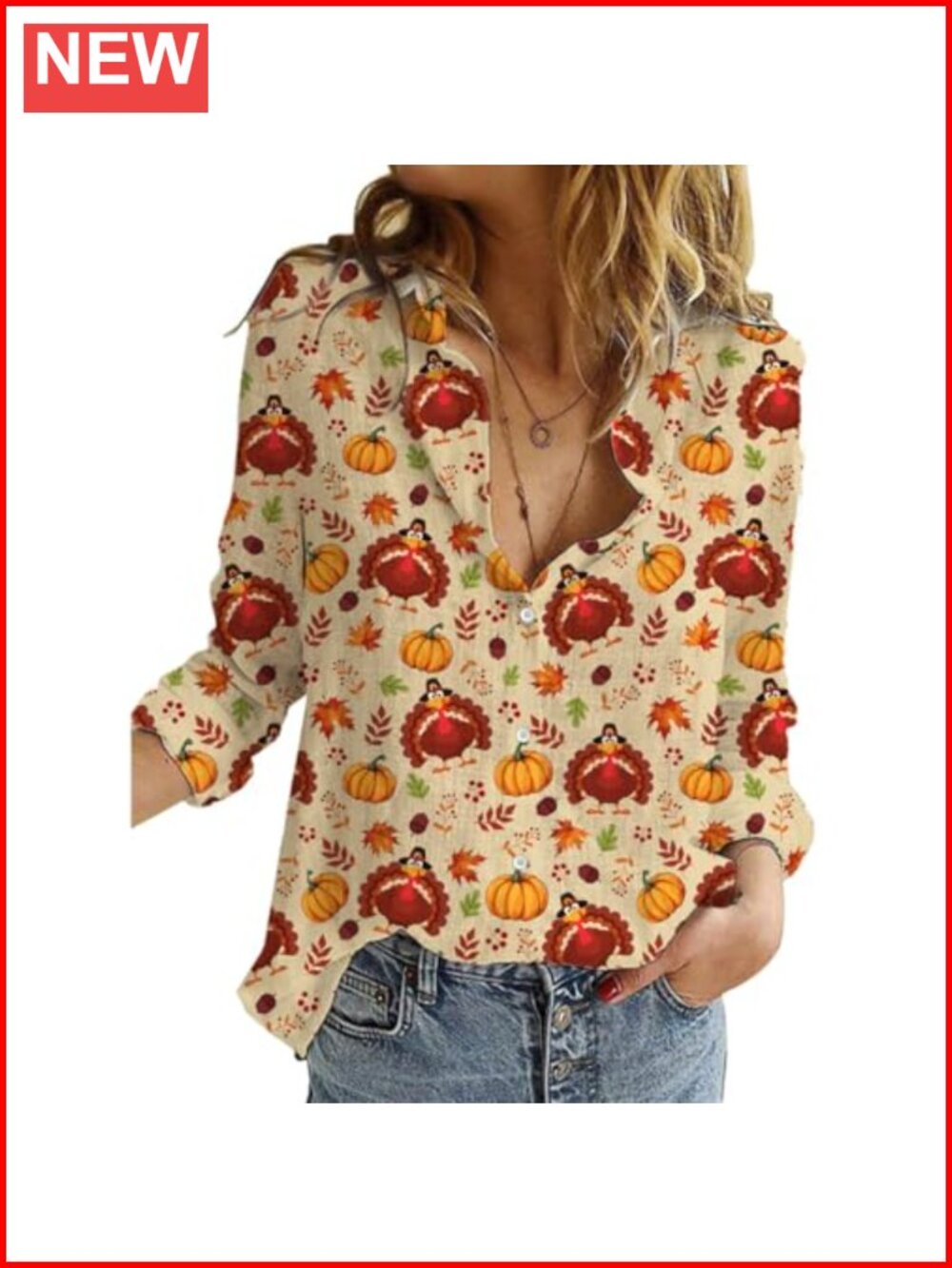 Women's V-Neck Long Sleeve Button Down Thanksgiving Blouse